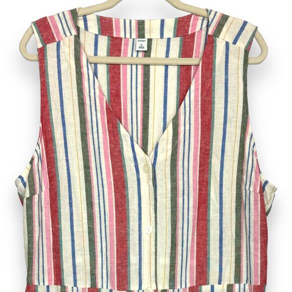 Old Navy Gauzy Shift Dress Full Button Sleeveless Linen XL Beachy Coastal Stripe - Picture 5 of 13